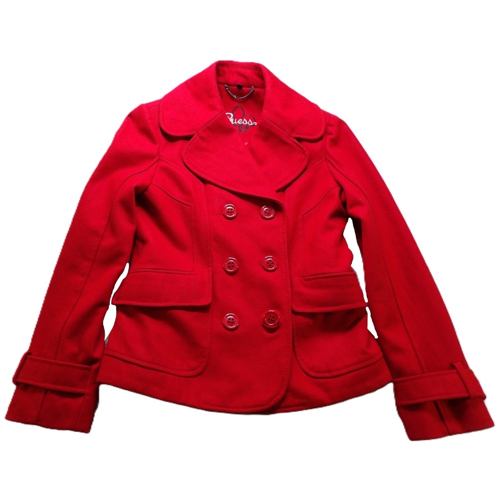 Guess Red Wool Blend Short Pea Coat Double Breasted Jacket Women Medium M Winter